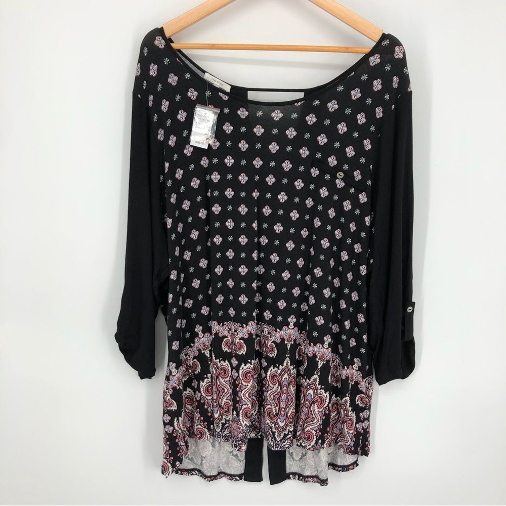 Maurices Shirt Womens 3X Black Pink Medallion Paisley Cutout 3/4‎ Sleeve NWT
